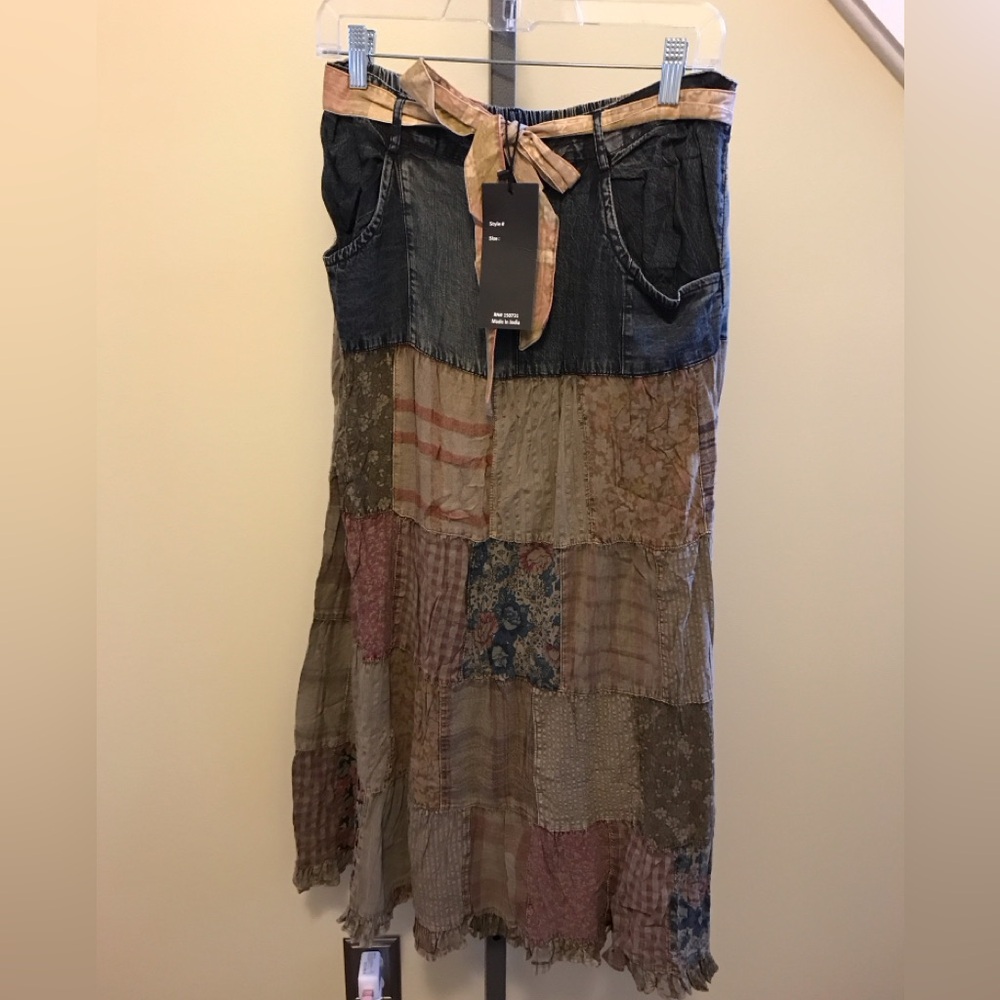 Boho Patchwork Maxi Skirt with Denim Waist